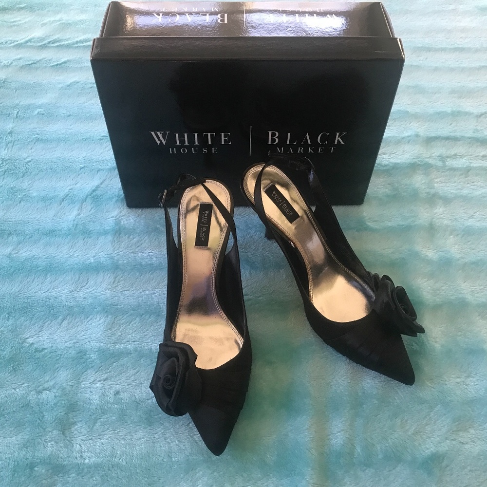White House Black Market Abigail black satin heels size 9.5
